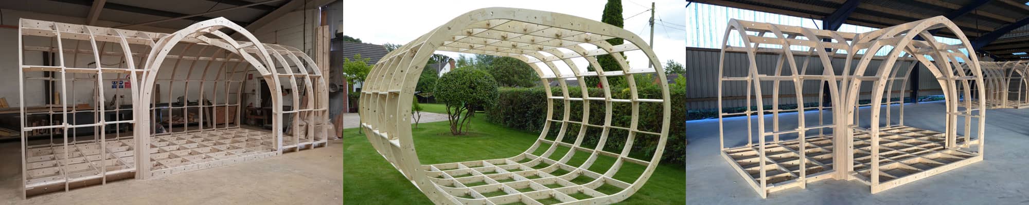 Wooden glamping pod frames in Oswestry workshop